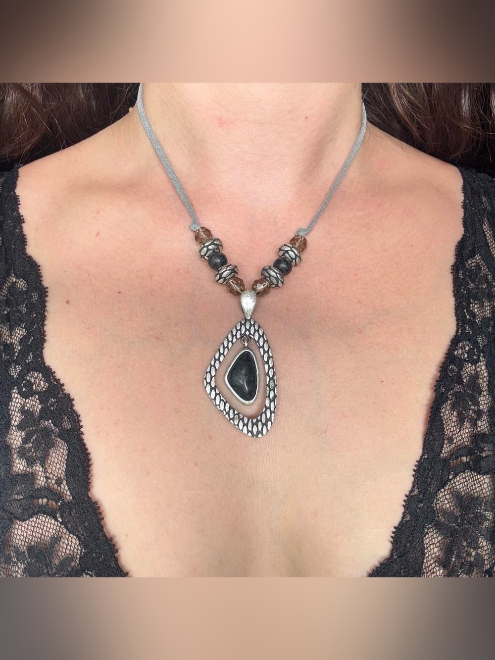 Lia Sophia Primal Necklace Suede Stone Beaded Boho Indie